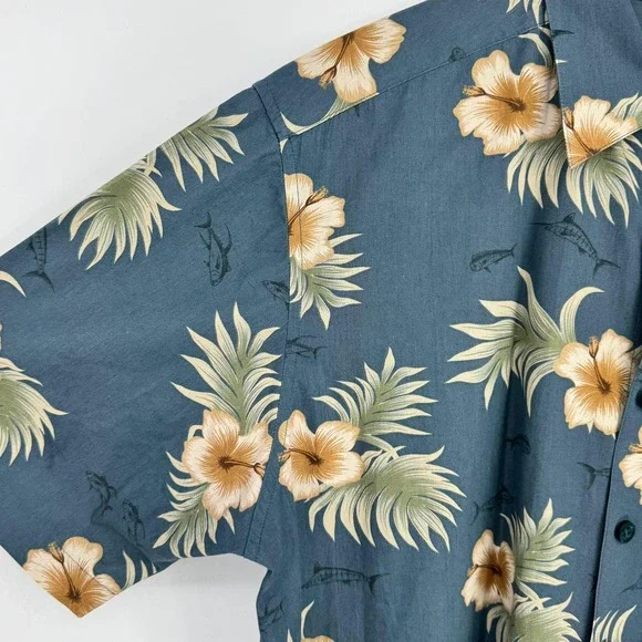 Weekender Mens Blue Hawaiian Floral Fish Print Button Up Shirt Size XL Camp - Picture 6 of 10